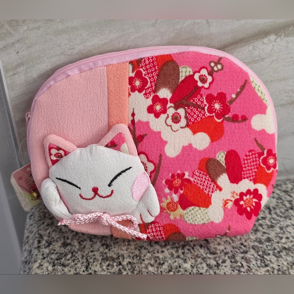 NWT FHZAKKA SERIES Japan Kawaii Cherry Blossom Pink Lucky Cat Coin Purse Pouch